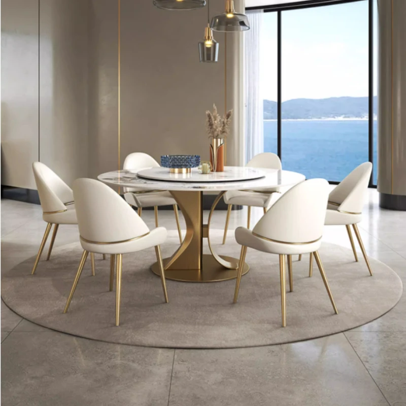 

Обеденный стол из мраморной плиты с золотым основанием из нержавеющей стали, дизайнерский, класса люкс, круглый, с комплектом из 4-6 стульев, мебель Mesa Posta