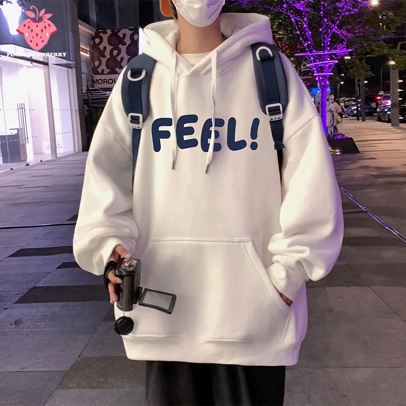 

White Letter Print Hoodie Sweatshirt Men Autumn Winter 2025 New Oversize Plush Long sleeves Coat Pullover Y2K Tops Mens clothing