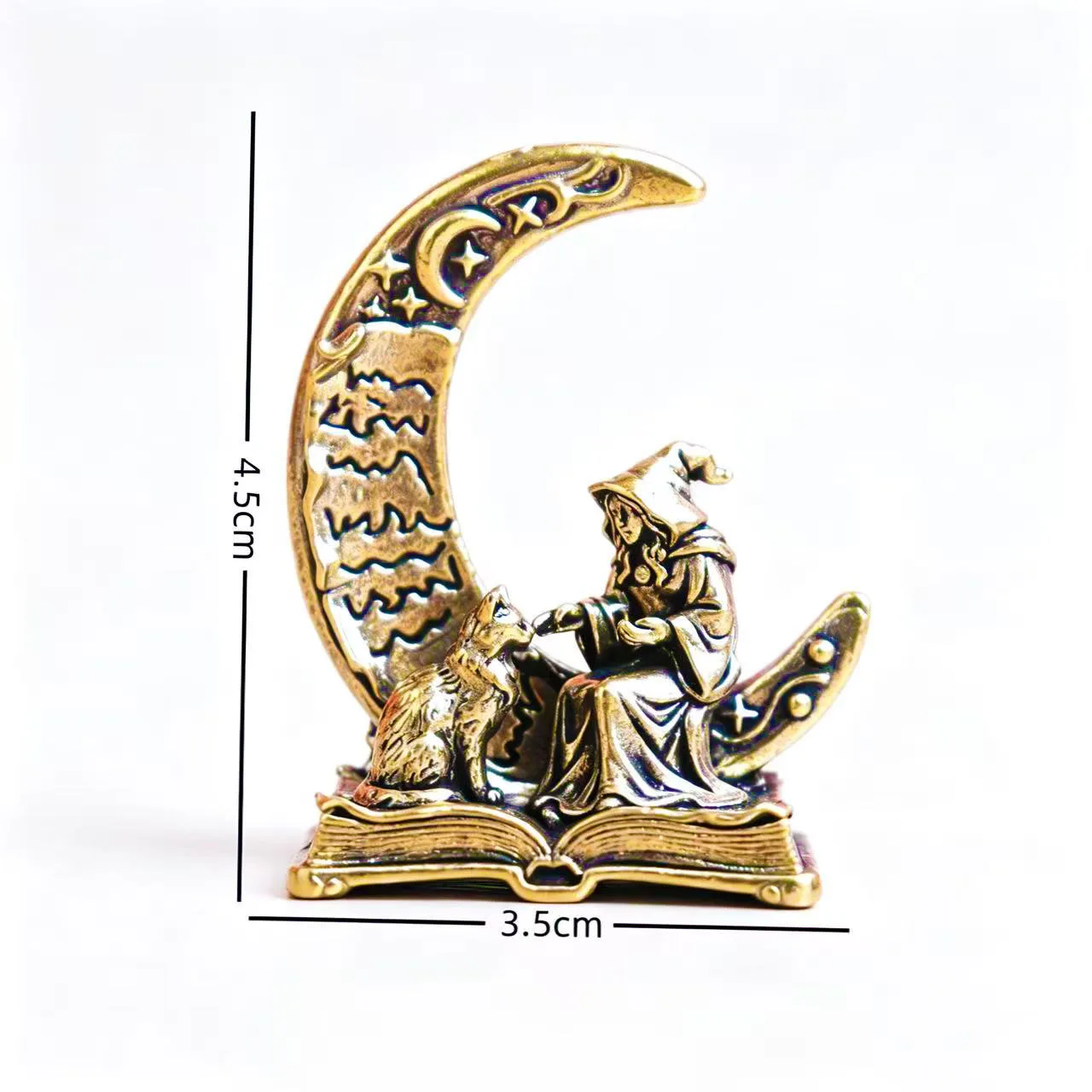 Brass Moon Witch Decoration Statue Ornament with Cat, Vintage Metal Witch Figurine, Halloween Desk Ornament, Collection & Gift. - view 3