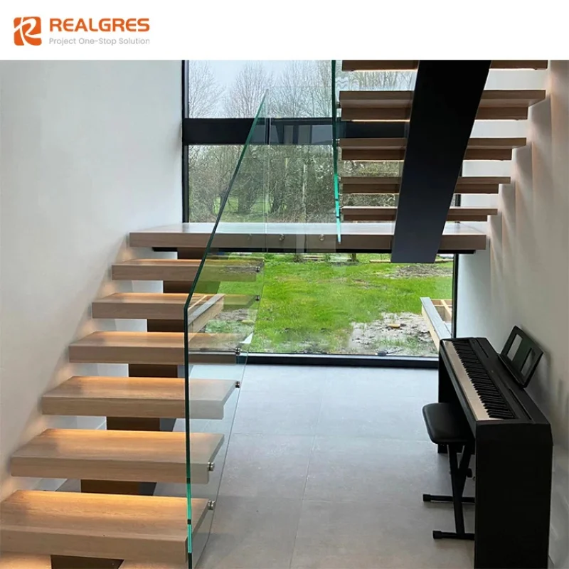 custom.Realgres Indoor Mono Stringer Prefab Indoor Wood Floating Stairs Home