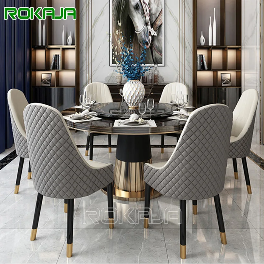 Dubai Light Luxury Modern Rotated Round Dining Table Set Turntable Dining Table And Chairs Combination