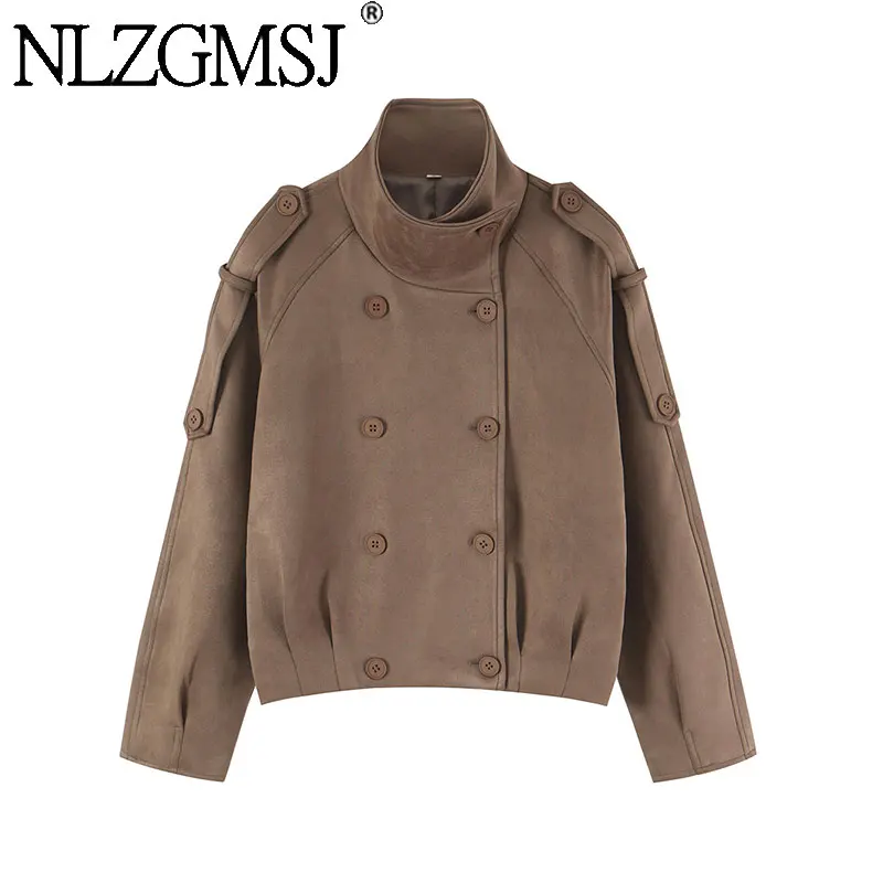 NLZGMSJ Women Vintage Autumn Winter Faux Suede Coat Street Casual Double-breasted Short Trench Coat Trendy Stand-neck Jacket