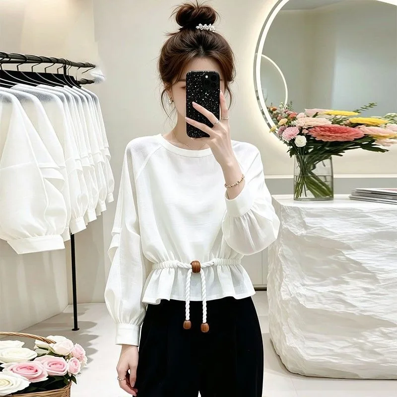 2026 Spring Autumn New Fashionable Foreign White Long-sleeved T-shirt Women's Loose and Thin Lazy Shirt Temperament Commuting