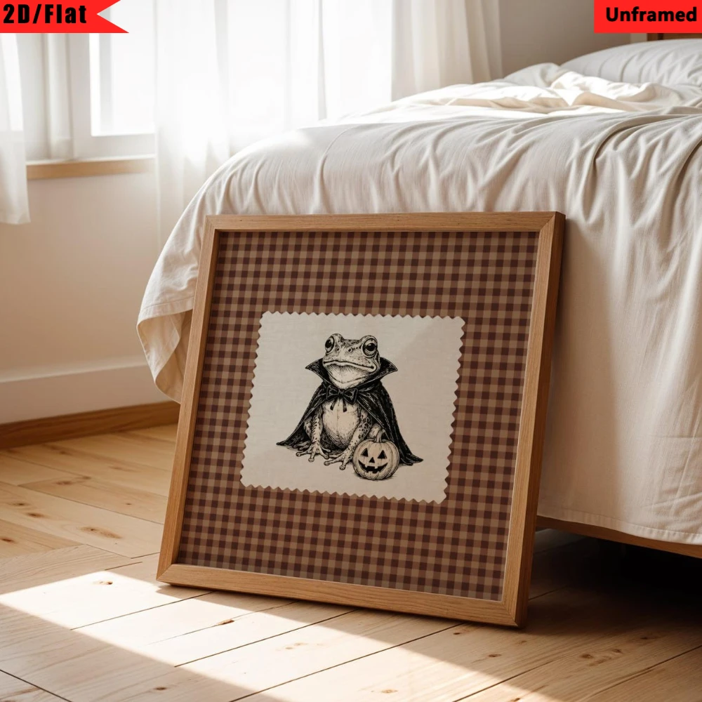 Vintage Vampire Frog Pumpkin Halloween Print, Brown Plaid Farmhouse Rustic Fall Wall Decor Unframed Art Poster