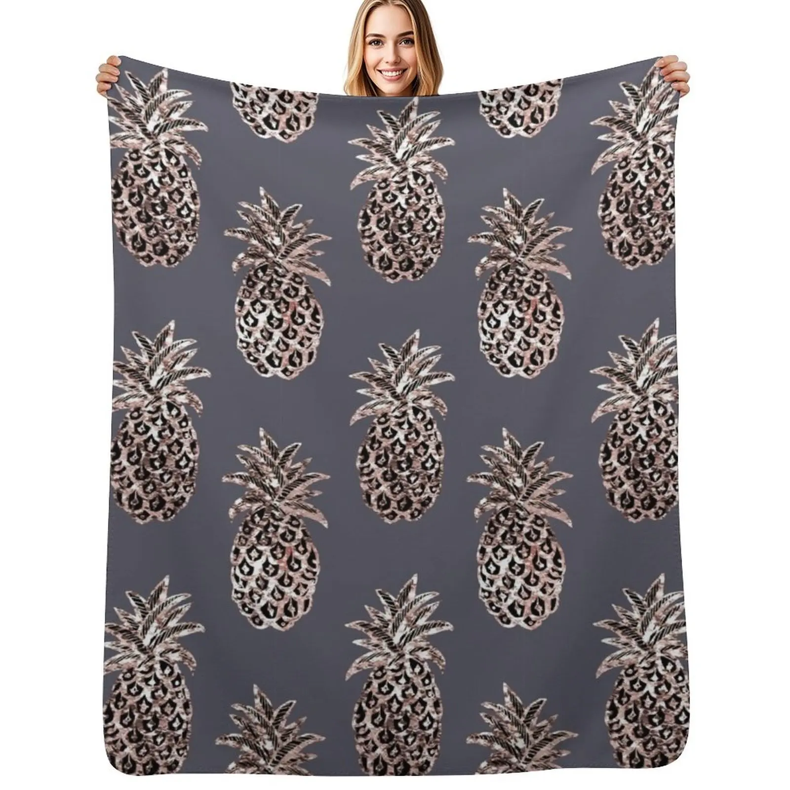 Rose Gold Sparkle Pineapple on gray Throw Blanket for sofa Multi-Purpose Sofa anime Cute Plaid Blankets