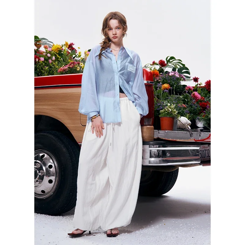 ELFSACK Oversized Shirt Chiffon Lace Hem Button Up Blouse Casual Versatile Daily Wear for Women