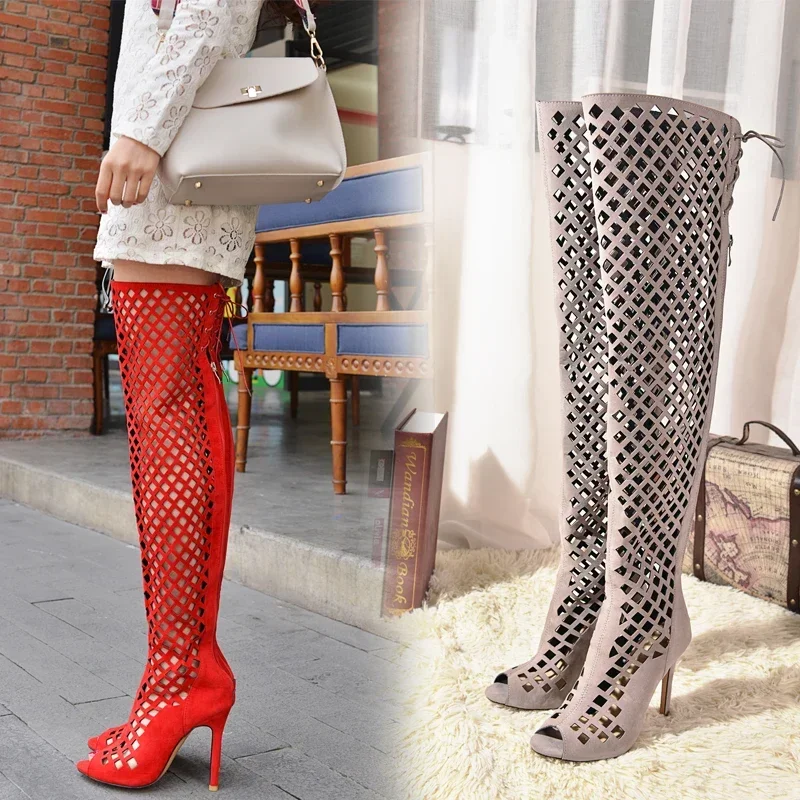 Summer Women Thigh High Gladiator Boots High Thin Spike Heel Open Toe Cutout Red Flock Lace Zipper Lady Sexy Over The Knee Boots