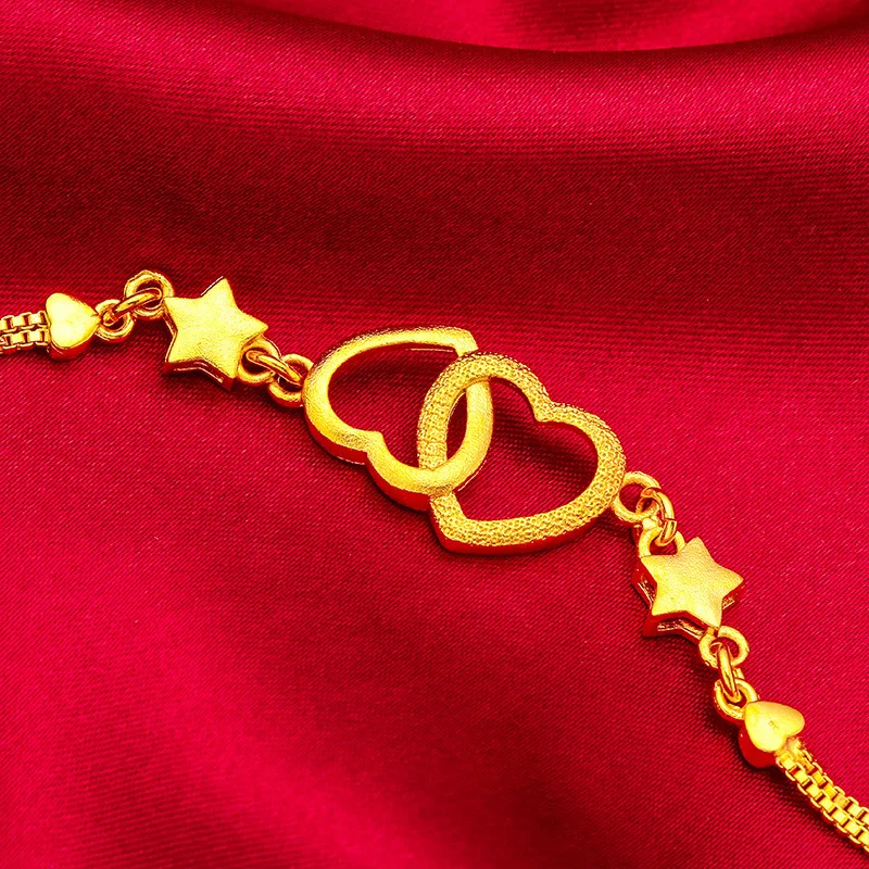 Mylux Jewelry Double Heart Bracelet for Women, 24K Gold, AU999 Polished connected hearts with diamonds on delicate chain sweet f