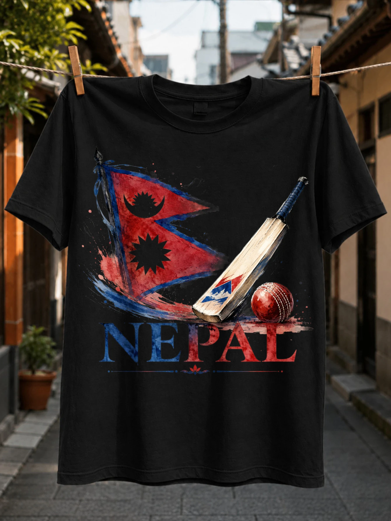 Nepal Cricket Watercolor Nepal Fl-ag with Cricket Bat and Red Ball in a Distressed Red and Blue  Unisex All T-Shirt