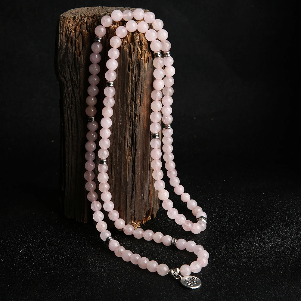 OAIITE 8mm Rose Quartz Natural Amazon Wrap Mala Bracelet Yoga Meditation Lotus Pendant Classic Charm Bracelet