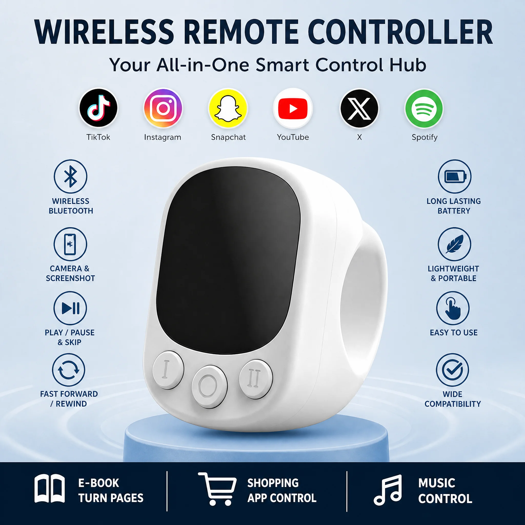 2026 Mini Wireless Remote with Touchpad Scrolling Ring Bluetooth Page Turner for iPhone Android iPad Controller USB Rechargeable