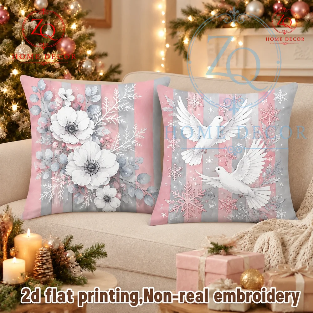 Winter Pastel Floral Dove Throw Pillow Covers 2 Pack Pink Grey Striped Christmas Peace Dove Cushion Cases  Holiday Decor