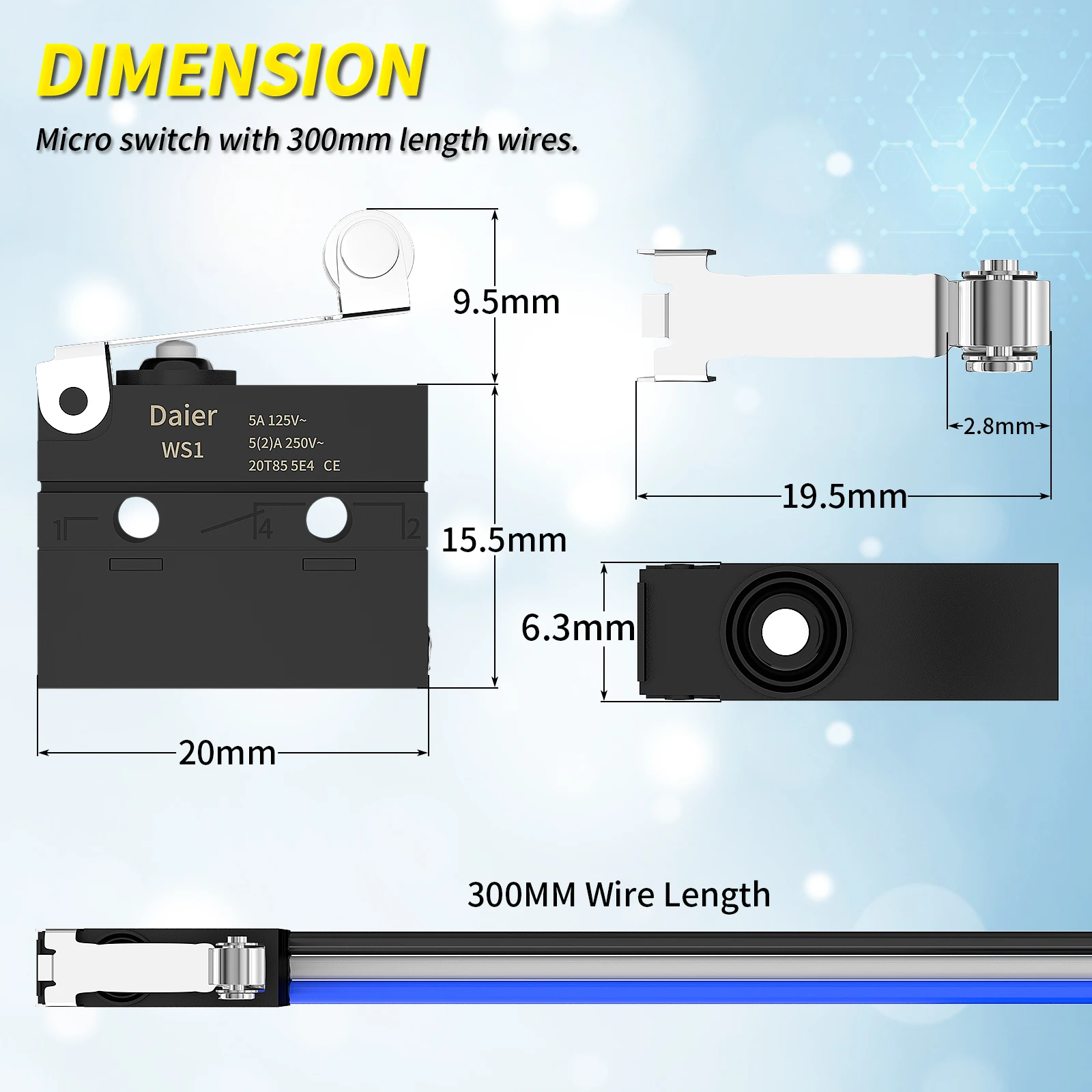 2PCS Micro Limit Switch with Roller Lever 6A 12V DC Waterproof Sealed Lever Microswitch SPDT 3 PIN 5A 250VAC with Pre-Wired