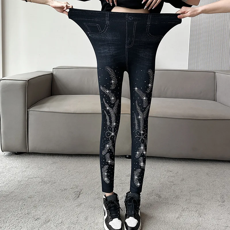 Women\'s False Jeans High Waist Leggings Slim Skinny Tight Pants Bright Drill Sexy Push Up Super Stretchy Casual Pencil Pants