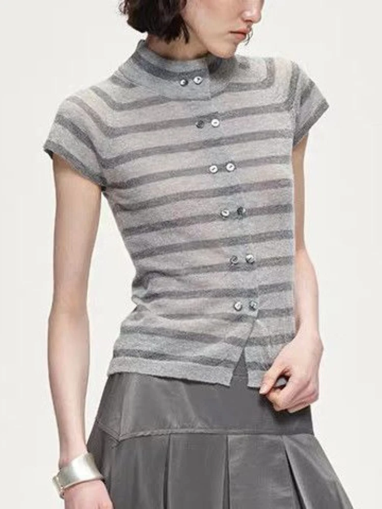 Y2k Harajuku Vintage T Shirts Half High Collar Double Breasted Striped Summer Tops Female Slim Tees Punk Gothic Women's Clothing