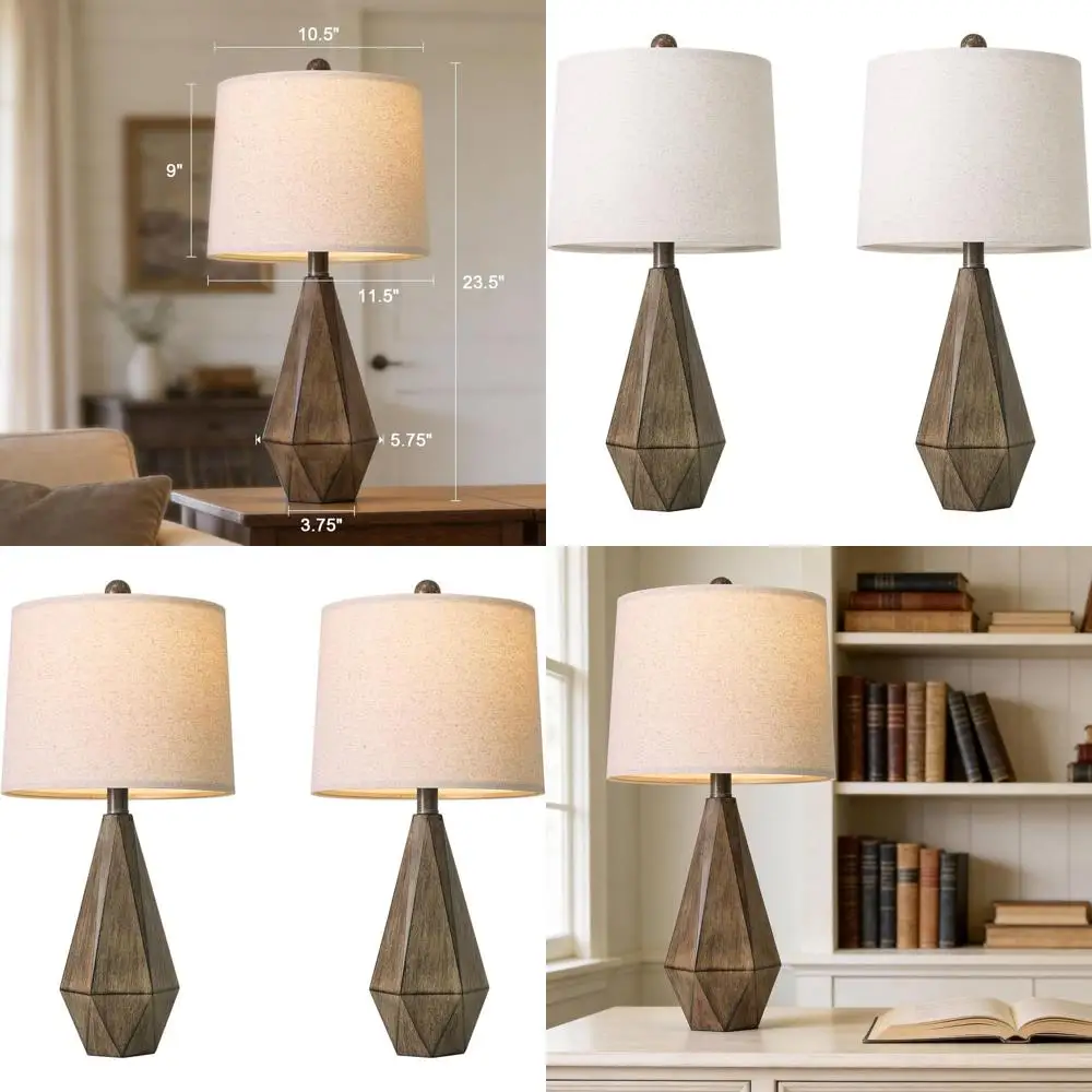 

Set of 2 23.5 Farmhouse Table Lamps with Linen Shades for Bedroom, Living Room, Office, and Hallway in Rustic Brown Wood Style