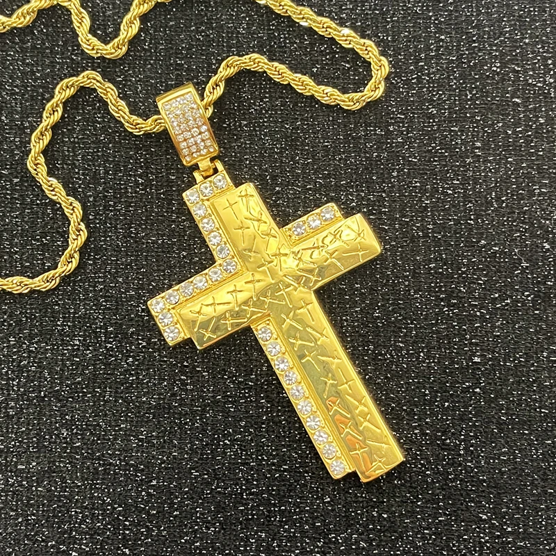 

Hip hop Fashion Cross Necklace with rhinestone Men Punk Styling Stainless steel Pendant Gold Color Chain Creative Necklace Gifts