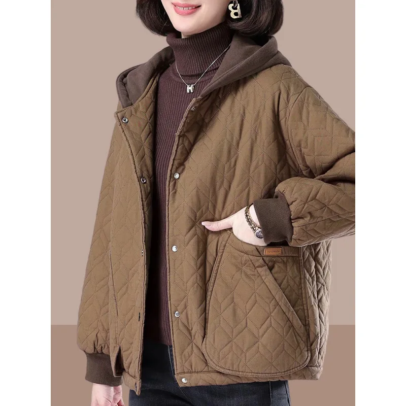 

Women Hooded Parkas Coats Solid Jackets Pocket Pockets Long Sleeves Single Breasted Loose Fit Casual Office Lady 2025 Winter