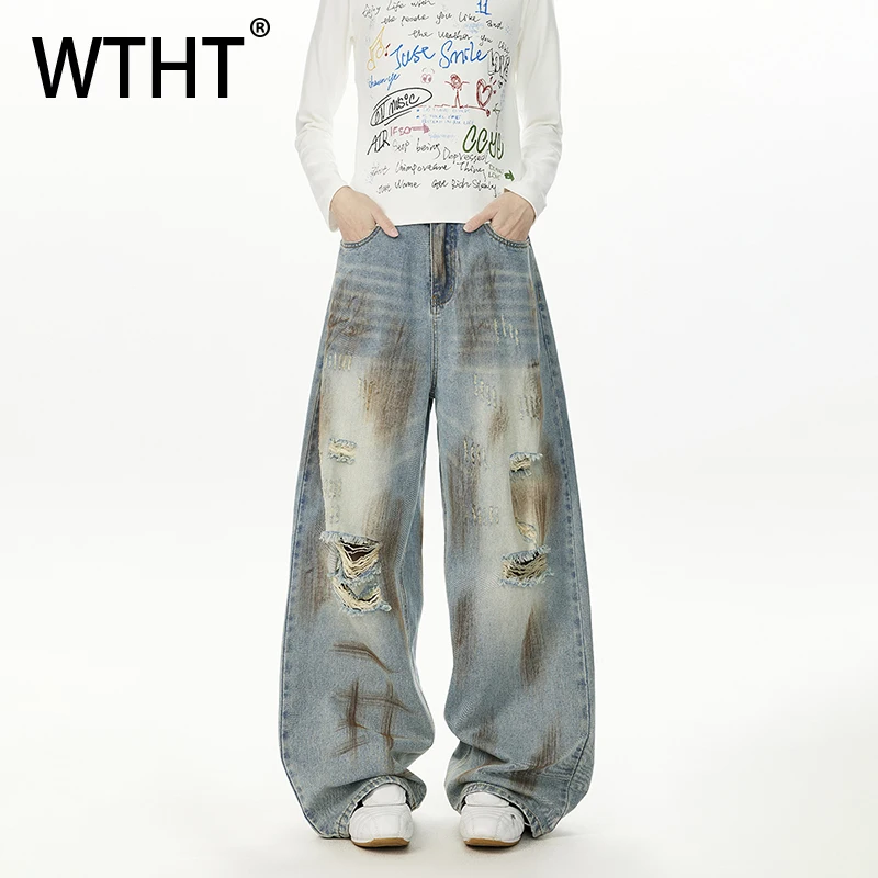 

WTHT Vintage Men's Gradient Do Old Hole Burr Edge Denim Pants Fashion High Street Loose Wide Leg Jeans Male 2025 Autumn 2A1521