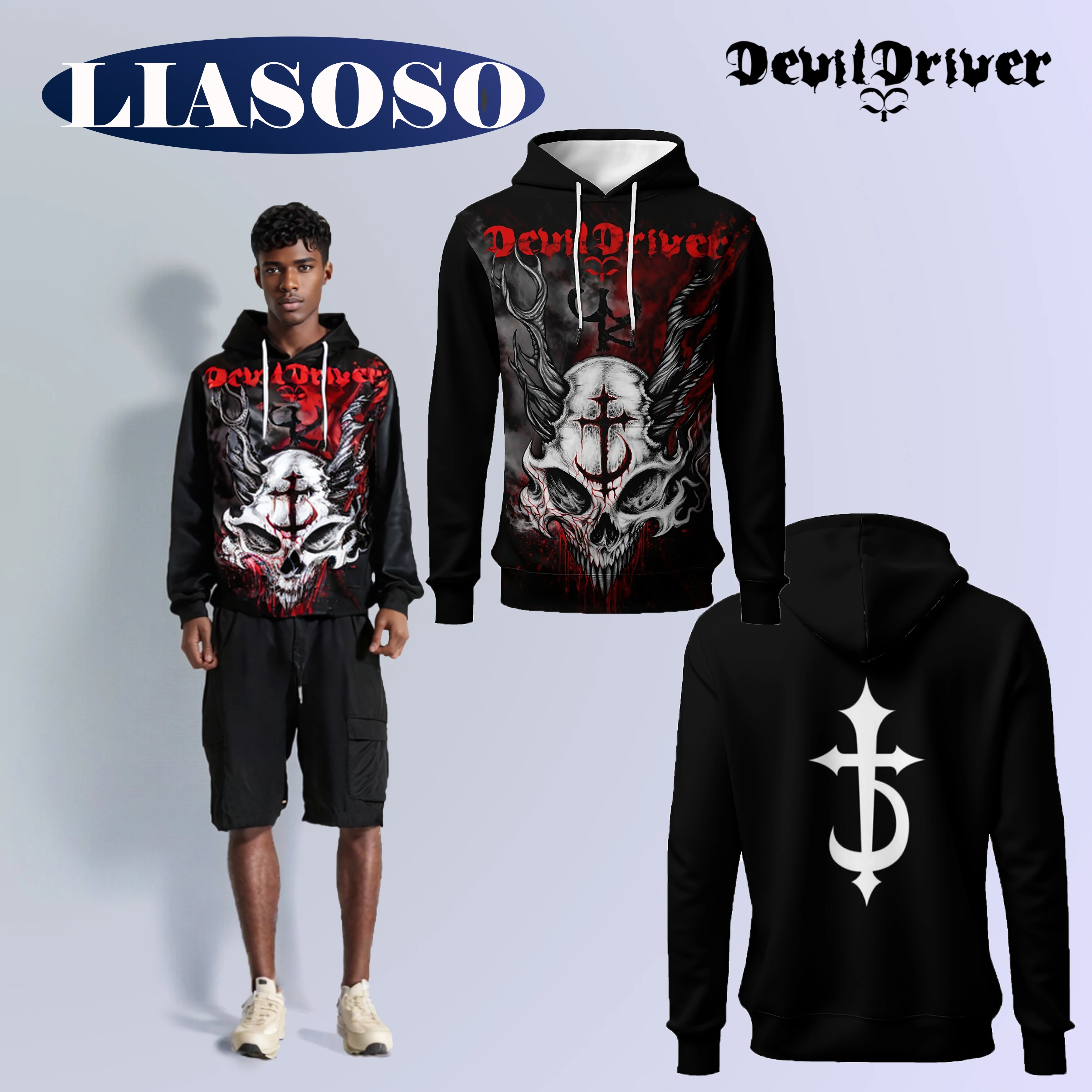 LIASOSO Devildriver Band Hoodie 3D Printed Heavy Metal Sweatshirt Long Sleeve Harajuku Style for Men & Women Iconic Rock Streetw