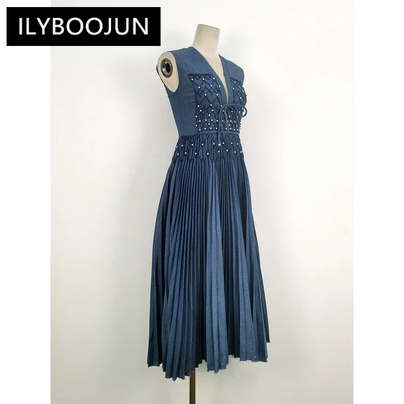 ILYBOOJUN Women\'s Fashion Dress V-neck Sleeveless Pleated Pearl Denim High Waist Female Elegant Dresses Summer 2024 New