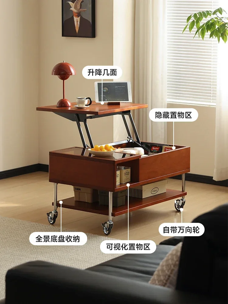 Nordic retro solid wood lifting coffee table movable side few trolley small apartment storage tea table