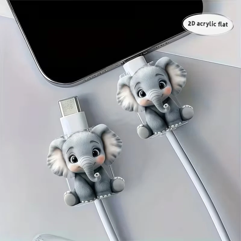 2D Flat Elephant Shaped Cable Protector, Break-Proof Phone Charging Cable Accessory