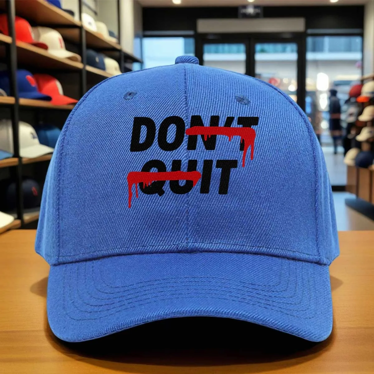 Distressed DON'T QUIT Baseball Cap with Red Dripping Lettering, Adjustable Hook-and-Loop Hat Suitable for Casual Attire,,, Gradu