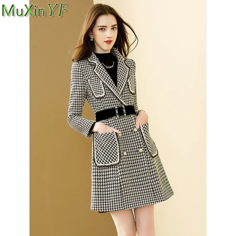 2022 New Autumn Winter Women Slim Long Plaid Wool Blends Jacket Kpop Big Name Double Button Coats with Waist Belt Lady Outerwear