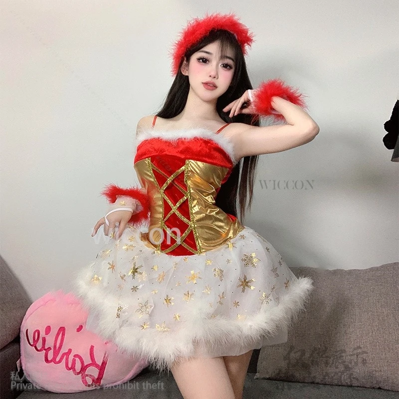 2024 Christmas Costumes Sexy Dress Nightclub Skirt Lingerie Transparent Underwear Lolita Red Suit Women Headband Girl Customized