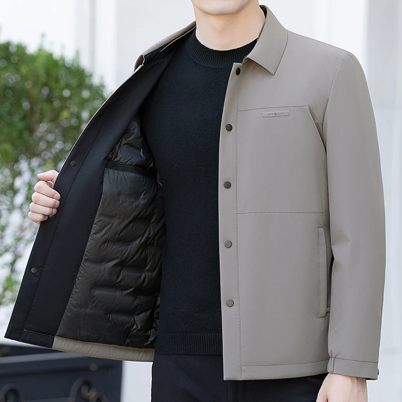 

Mininalist Men Warm Puffer Jackets With White Duck Down Jackets Executive Style Winter Outerwear Khaki Black Navy Essential Look