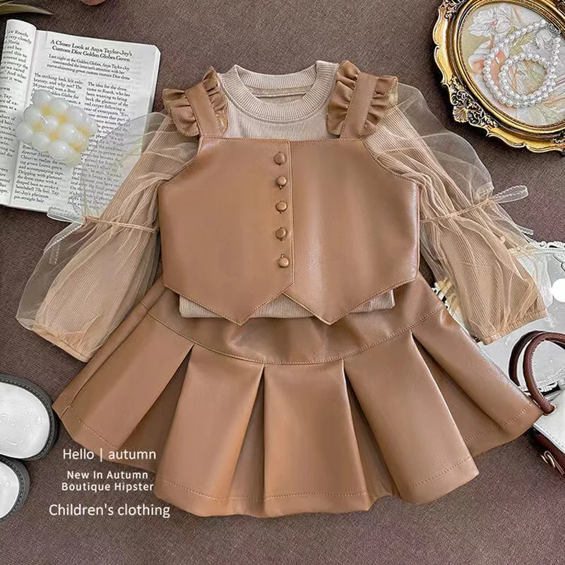 Children Autumn Winter New Style Long Sleeve Sweater Vest PU Leather Short Skirt Girls Three Piece Set Kids Outfits