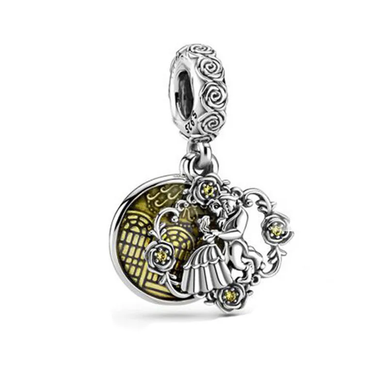 Disney 925 Silver Charm Beauty and The Beast Princess Pendant Sterling Silver Bead Rose Charm Fit original Pandora Women Jewelry