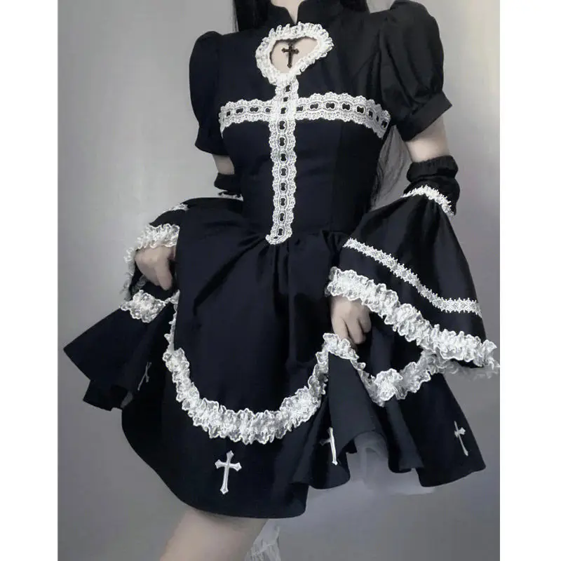 Japanese Black Gothic Lolita Dress Women Kawaii Preppy Style Lace Ruffles Hollow Midi Dresses Female All-Match Y2k Cute Dress