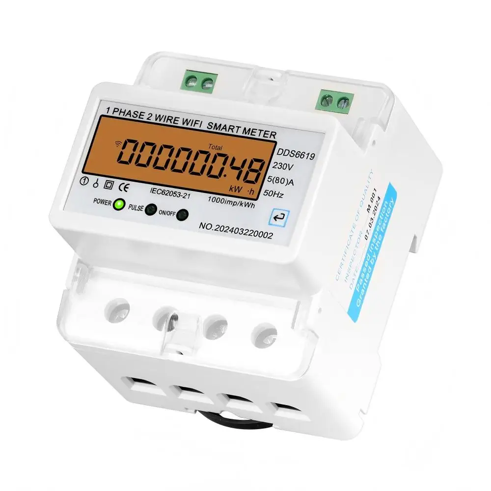 WiFi Smart Single Phase Energy Meter Tuya APP Remote Voltage Current Power Factor Frequency 5(80)A/5(100)A DIN Rail KWh Counter