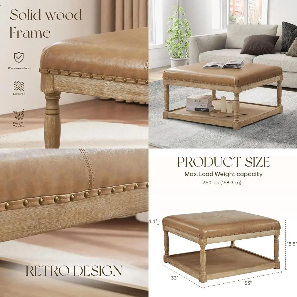 Large Square Leather Ottoman with Shelf & Solid Wood Base, Perfect for Living Rooms (Light Brown)