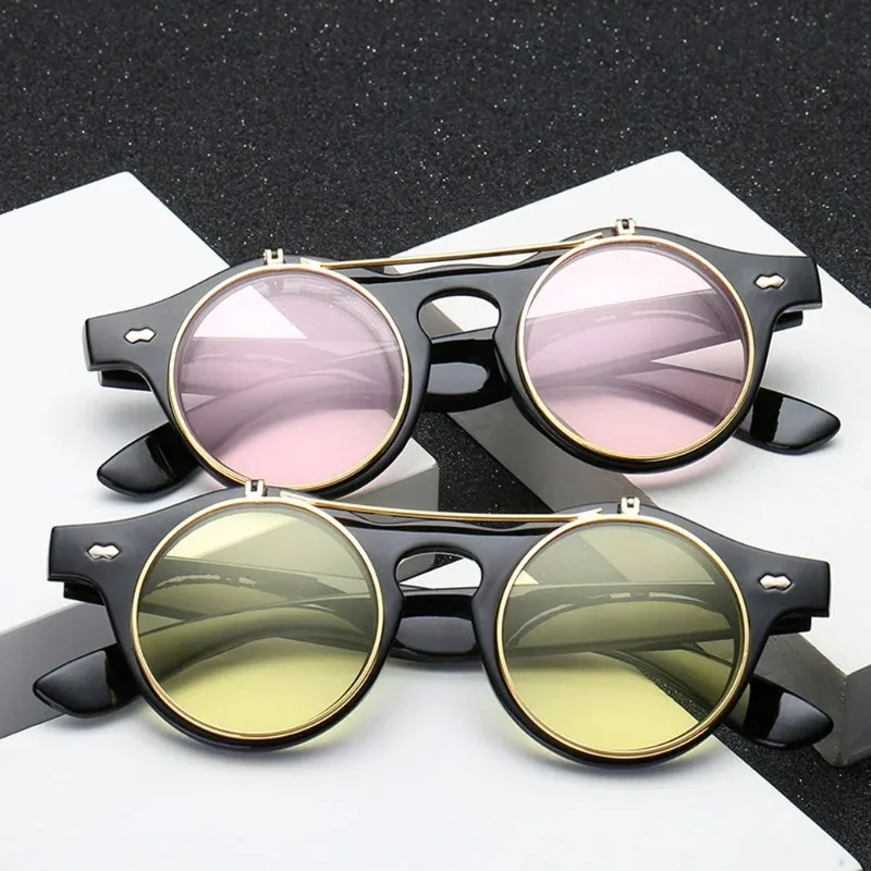 Mode Vintage Runde Steam Punk Flip Up Sonnenbrille Klassische Doppel Schicht Clamshell Design Sonnenbrille UV400 Oculos De Sol