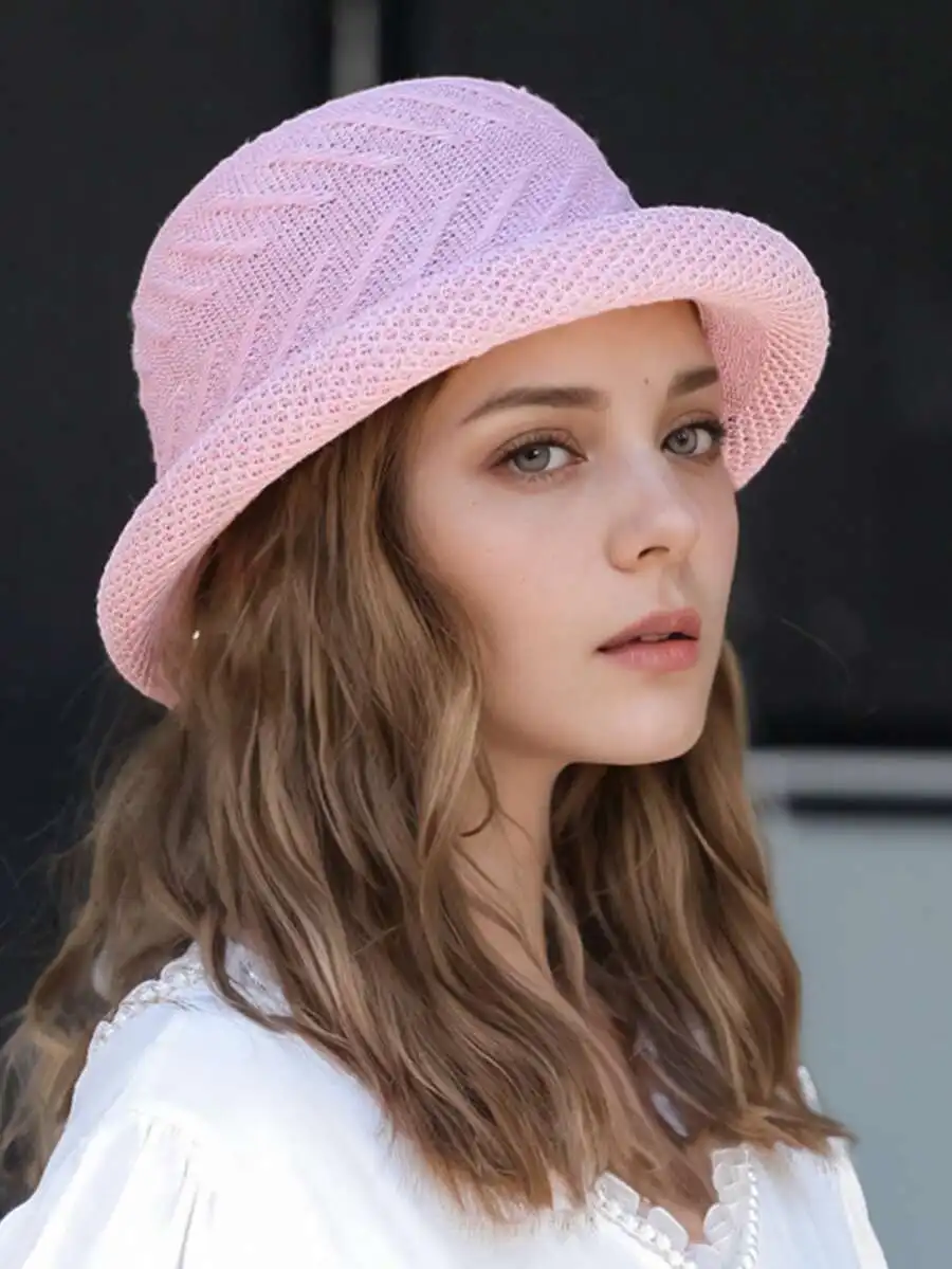 Women's Elegant Retro 3D Floral Decor Rolled Brim Straw Hat Lightweight Hollow Crochet Bucket Hat Sun Protection Hat