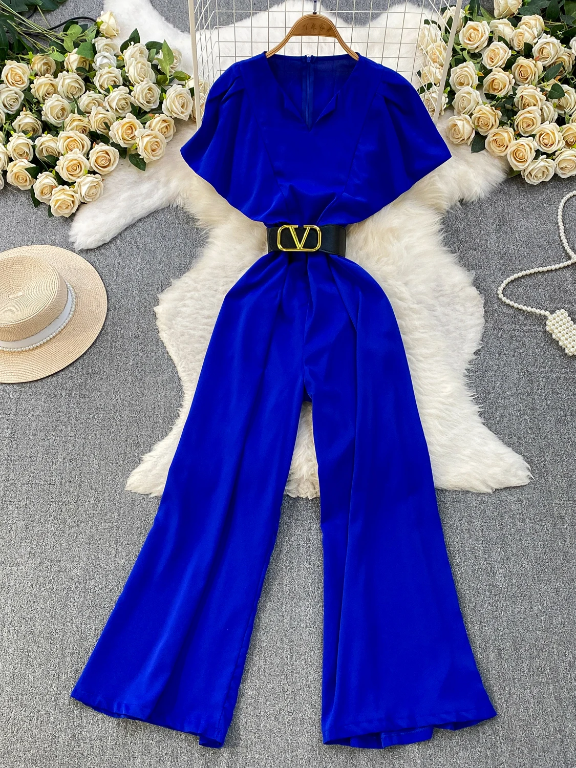 Elegant Ladylike Wide Leg Pants Women's New Style Retro Waist Cinching Slimming High Waist Long Pants Floral Sleeve Jumpsuit