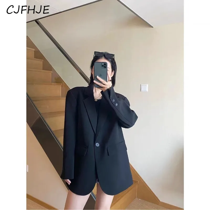 

CJFHJE New Women's Black Suit Jacket with Korean Temperament Fashion Design Loose Fitting Women Casual One Button Suit Jacket