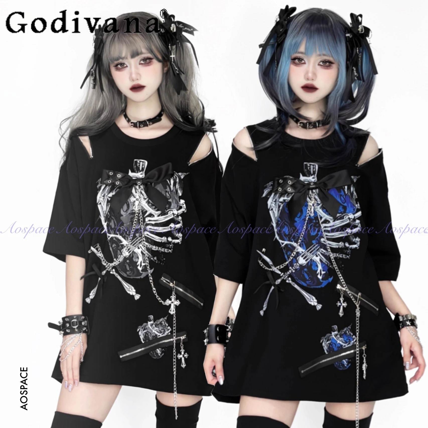 

Original Subculture Punk Sweet Cool Off-Shoulder Short Sleeve T-Shirt 2025 Summer Girls' Cute Printed Chain T-Shirt Harajuku Top