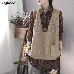 Sweater Vests Womens V-neck Leisure Pockets Ulzzang 3XL All-match Hollow Out Elegant Retro Jumper Loose Korean Style Femme New