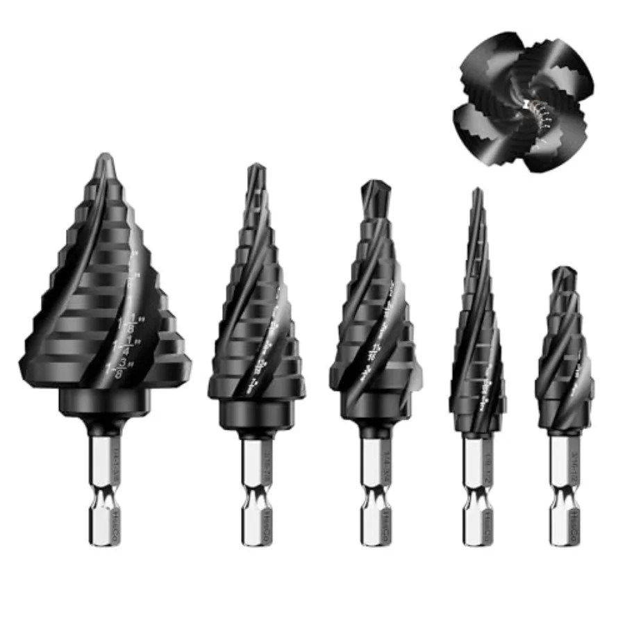 

M35 Cobalt Steel Four Spiral Flute Step Drill Bit Set - Wear-Resistant TiAlN Coating 1/4" Hex Shank for Metal Stainless Steel A