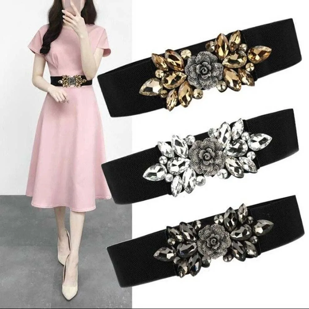 بسيطة زهرة الورد مطاطا Cummerbunds الكورية نمط واسعة المرأة حزام حزام أسود حجر الراين حزام الخصر سترة