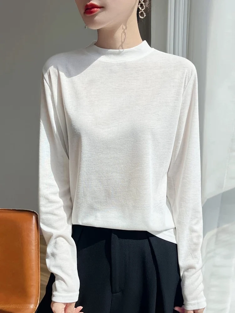 Minimalist Breathable Rayon from Lenzing Women's Knitted Base Shirt Half High Collar Versatile Inner Wear Top White Trendy