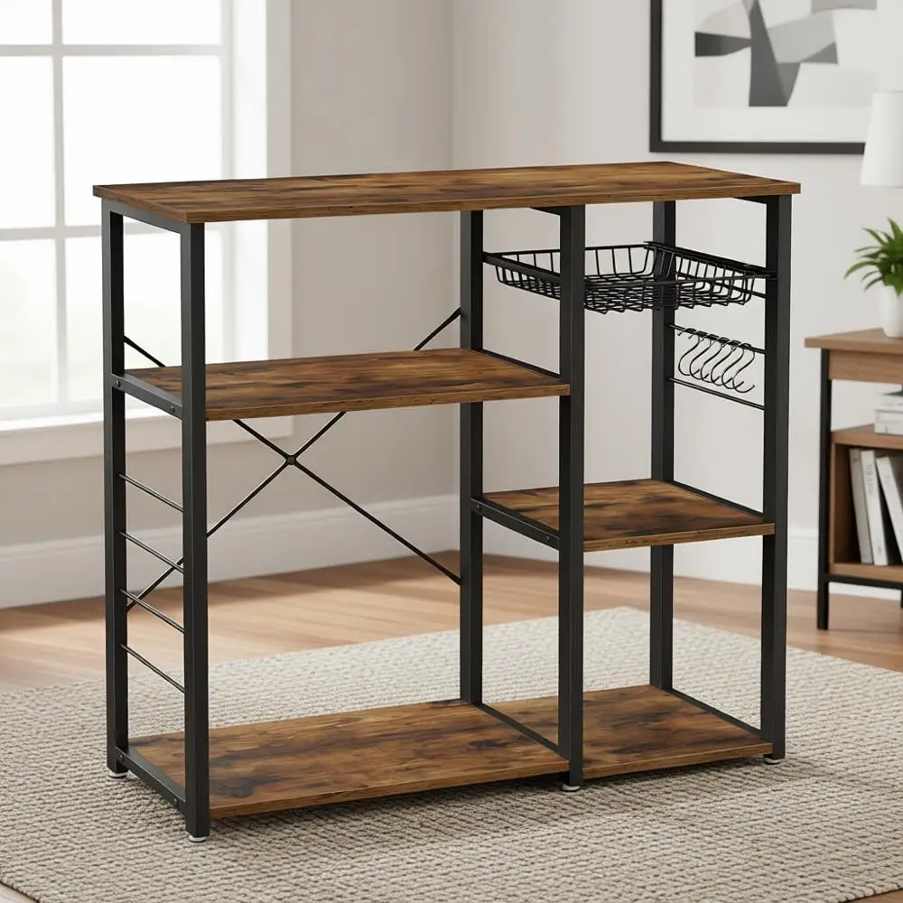 

Coffee Bar Stand with Charging Station, 33 Tall, Storage Shelves, Pull-Out Basket, for Table or Microwave, Rustic Brown & Ink Bl