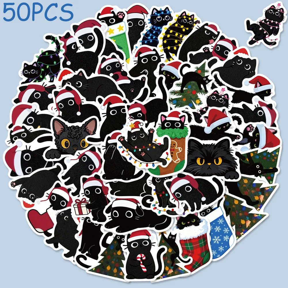 

50pcs Christmas Black Cat Stickers Decals For Phone Laptop Suitcase Skateboard Helmet DIY Aesthetic Stickers Creative Gifts