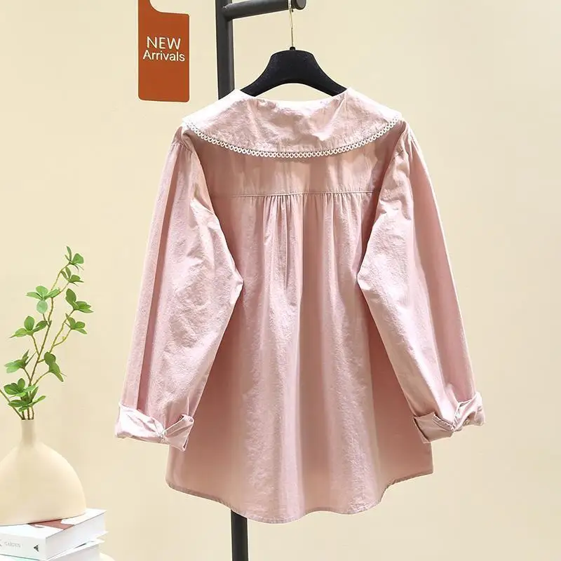 Pink Lace Doll Collar Shirt Women\'s Spring Outfit New Artistic Style Loose and Age Reducing Versatile Shirt Top