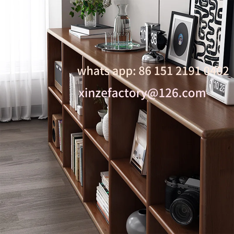 Customizable Rubber Wood Bookshelf Solid Wood Lattice Cabinet Living Room Integrated Wall Floor Storage American Walnut Bookcase