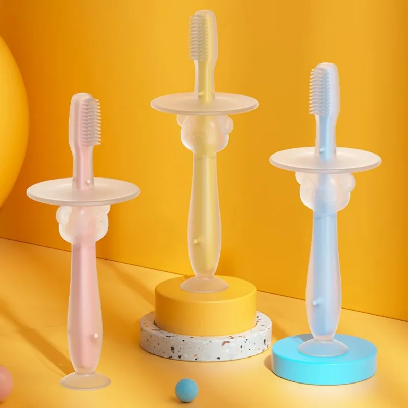 

1PC 100% Food Grade Soft Handle Flexible Silicone Rubber Infant Training Baby Toothbrush Factory Price